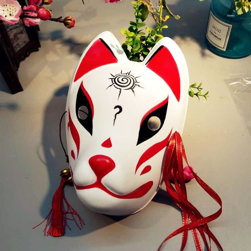 Hand-Painted Japanese Kabuki Cat Fox Mask for Cosplay, Masquerade, and Wall Decoration - Cherry Blossom Design with Black Corpse Husband Face
